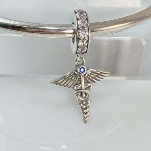 Caduceus Medical Industry Symbol Angel Wings Entwined Serpents Dangle Charm